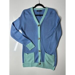 Kojooin Knit Cardigan - Womens M - Blue Teal - Colorblock Button Up Granny Core